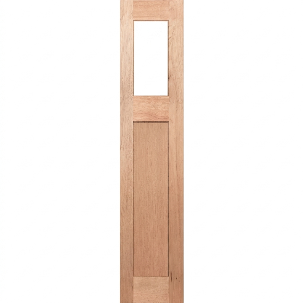 Wooden door with a single square glass panel on a white background