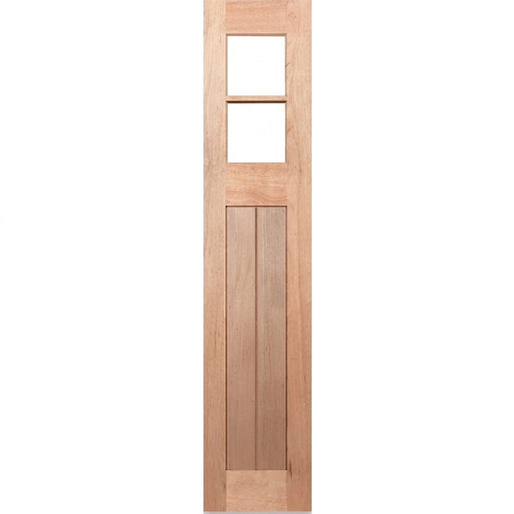 Wooden door with two square glass panels on a white background