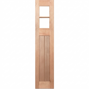 Wooden door with two square glass panels on a white background