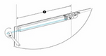 Technical drawing of a curved metal bracket with labeled components on a white background
