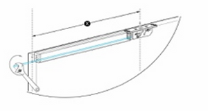 Technical drawing of a curved metal bracket with labeled components on a white background