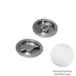 Two polished stainless steel sink drain covers on a white background