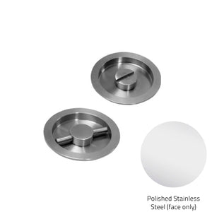 Two polished stainless steel sink drain covers on a white background