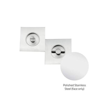 Polished stainless steel wall-mounted shower control panel with a sphere on a white background.