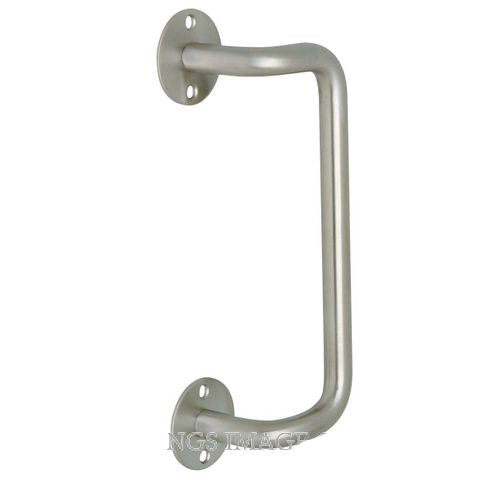 A brushed stainless steel grab handle with circular mounting plates, shown against a plain white background with a copyright watermark at the bottom.