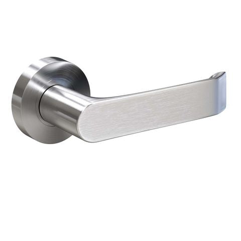 A modern lever-style door handle with a brushed stainless steel finish, featuring a round backplate and a flat lever arm, shown on a plain white background with a copyright watermark at the bottom.
