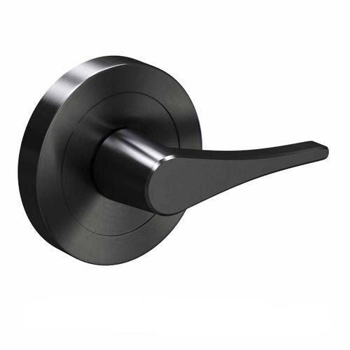 A matte black lever-style door handle with a round backplate, shown on a plain white background. A faint 'NZ HARDWARE IMAGE COPYRIGHT' watermark is visible at the bottom.
