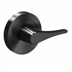 A matte black lever-style door handle with a round backplate, shown on a plain white background. A faint 'NZ HARDWARE IMAGE COPYRIGHT' watermark is visible at the bottom.