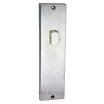 A brushed metal single-toggle switch plate in a silver finish, shown against a plain white background with a copyright watermark at the bottom.