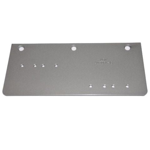 A rectangular gray metal mounting plate with pre-drilled screw holes and a small stamped logo, shown on a white background with a copyright watermark at the bottom.