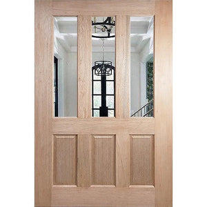 Wooden door with glass panels showing a staircase interior.