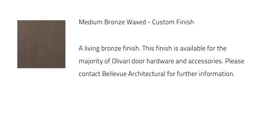 Medium bronze waxed color swatch with text about custom finish for Olivari door hardware.