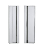 Two glass shower doors with silver frames on a white background