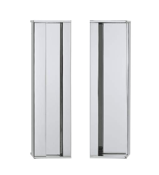 Two glass shower doors with silver frames on a white background
