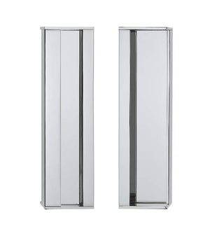 Two glass shower doors with silver frames on a white background