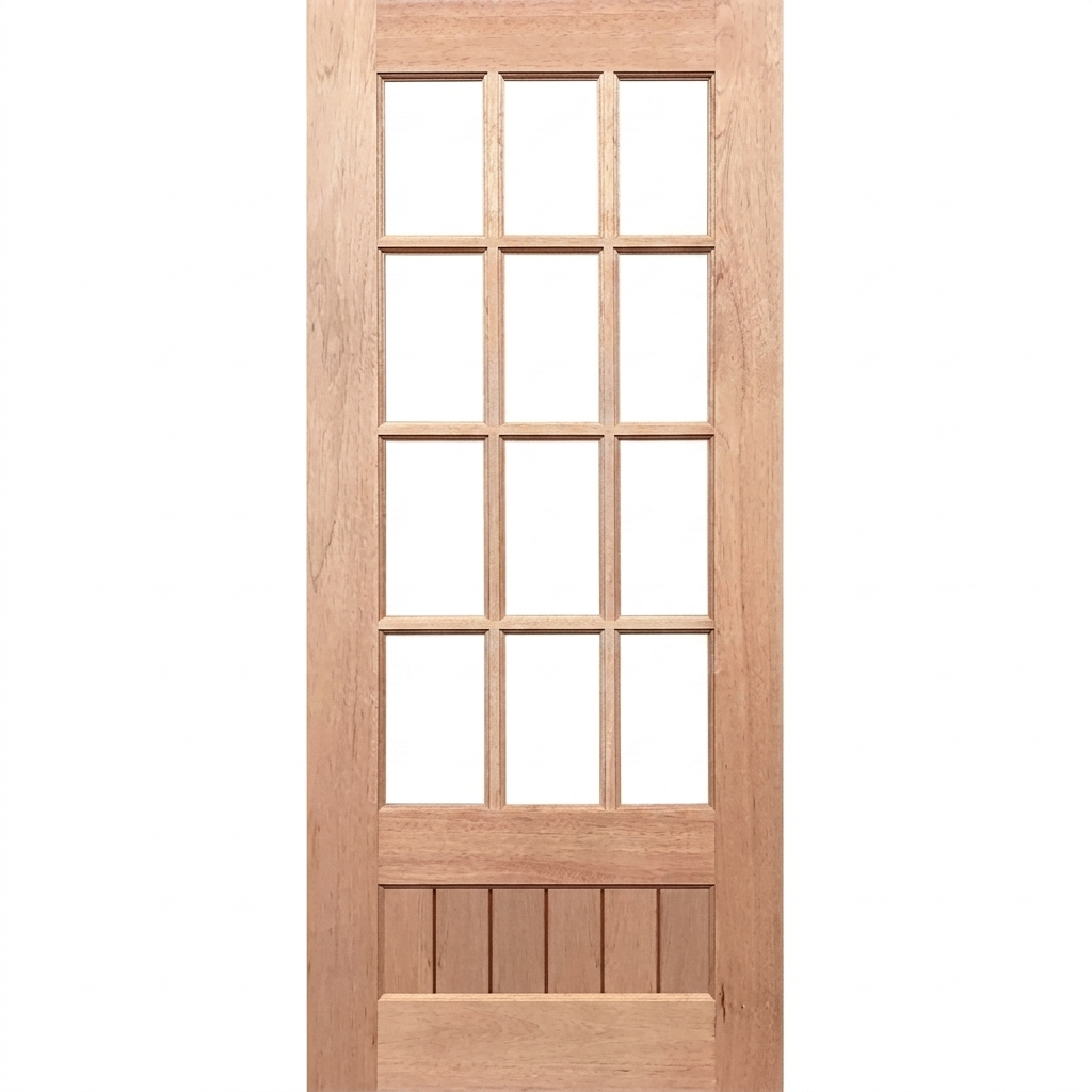 Wooden door with glass panels on a white background