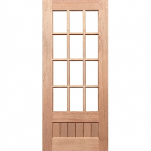 Wooden door with glass panels on a white background