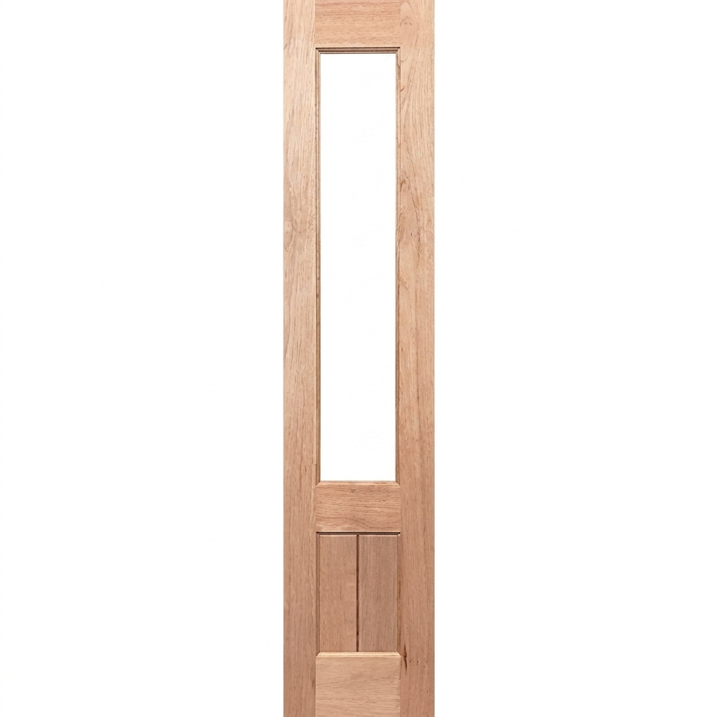 Wooden door with a single pane of glass on a white background