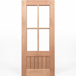 Wooden door with glass panels on a white background