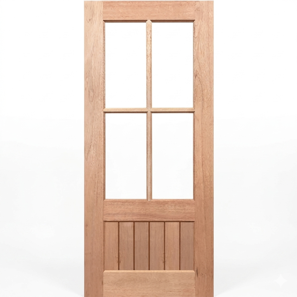 Wooden door with glass panels on a white background