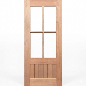 Wooden door with glass panels on a white background