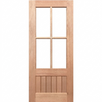 Wooden door with glass panels on a white background