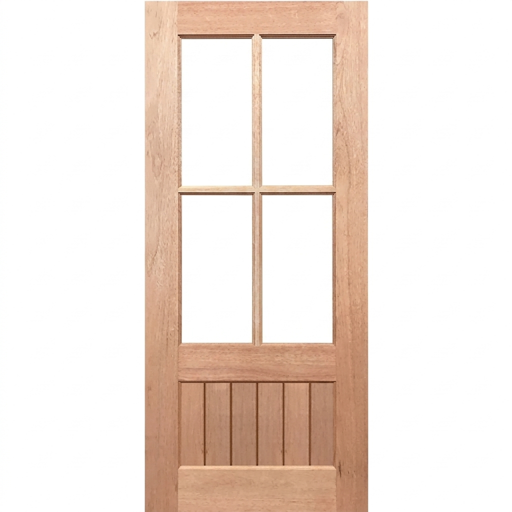Wooden door with glass panels on a white background