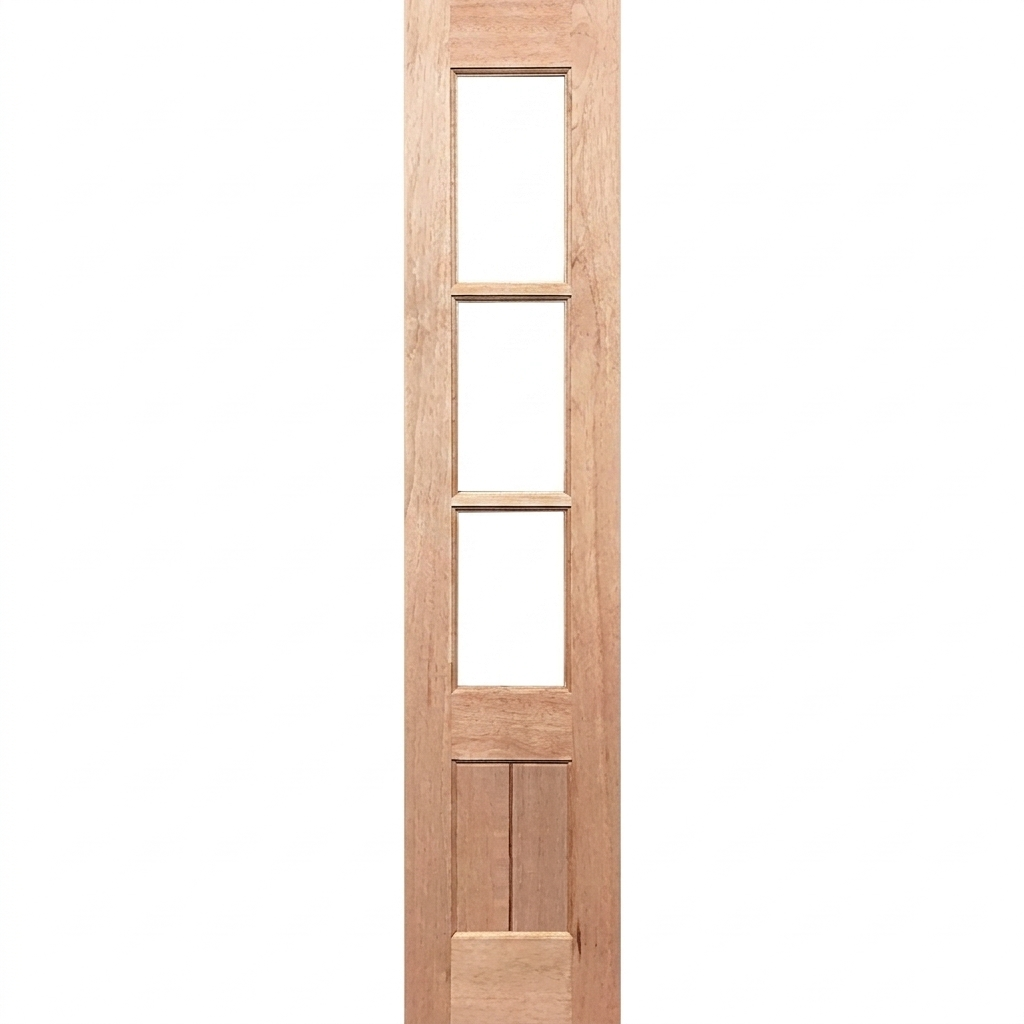 Wooden door with five rectangular glass panels on a white background