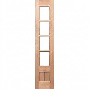 Wooden door with five rectangular glass panels on a white background