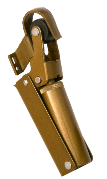Brown leather-bound tool with a metal clip on a white background