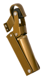 Brown leather-bound tool with a metal clip on a white background