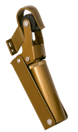 Brown leather-bound tool with a metal clip on a white background