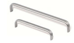Two metallic cabinet handles on a white background