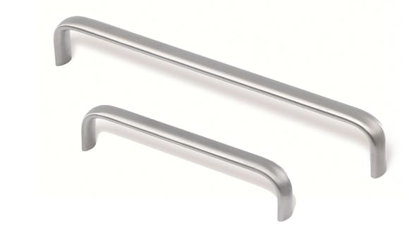 Two metallic cabinet handles on a white background