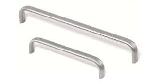 Two metallic cabinet handles on a white background