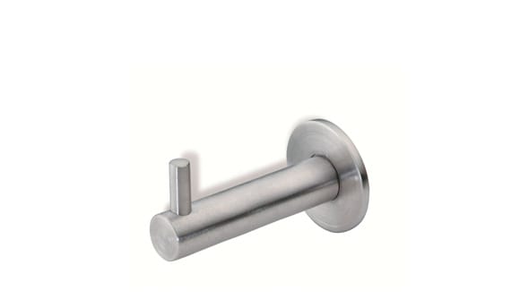 Stainless steel wall-mounted hook on a white background