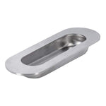 Stainless steel drawer pull on a white background