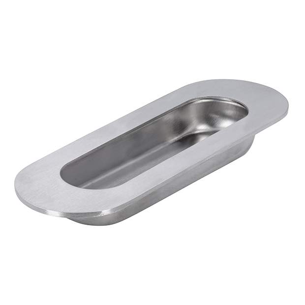 Stainless steel drawer pull on a white background