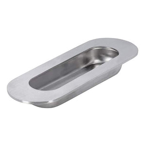 Stainless steel drawer pull on a white background
