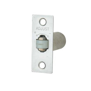 A silver metal door stopper adjustment bracket with a cylindrical rod extending to the right, featuring an 'ADJUST' dial on the front plate, shown against a plain white background.