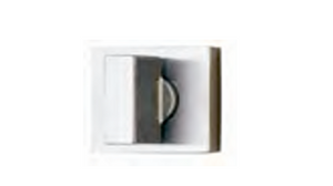 Metallic rectangular object with a central cutout on a white background