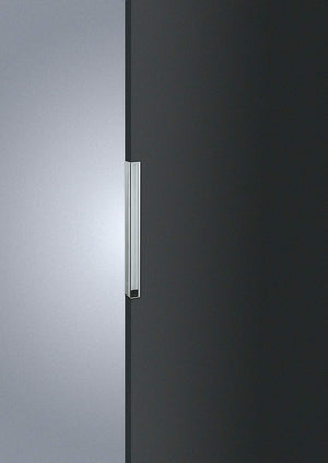 Close-up of a refrigerator door handle on a black and silver refrigerator.
