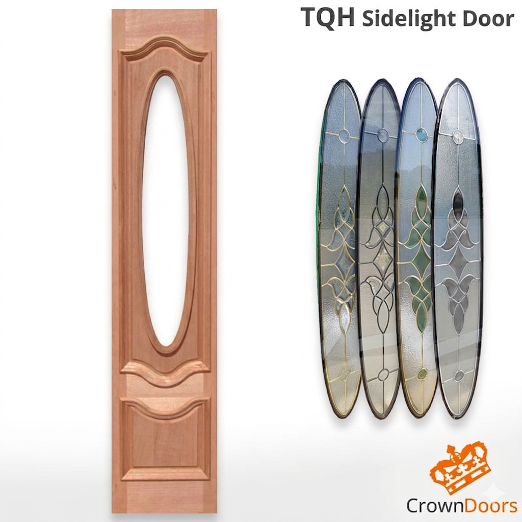 TQH Sidelight Door with decorative glass panels and Crown Doors logo.