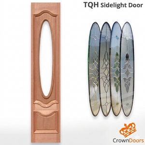 TQH Sidelight Door with decorative glass panels and Crown Doors logo.