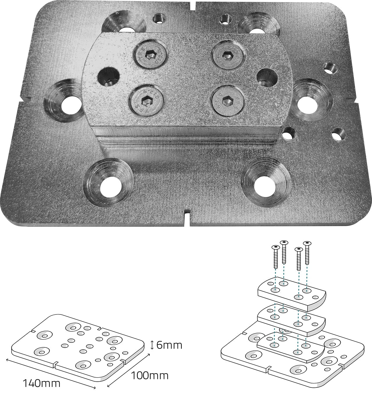 Metal mounting bracket with screws and dimensions on a white background