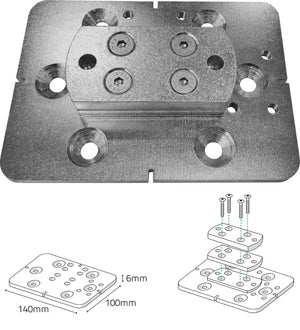 Metal mounting bracket with screws and dimensions on a white background