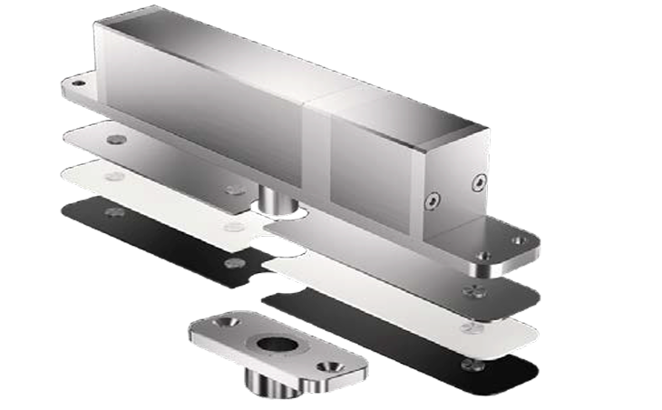 Metallic door handle assembly on a white background