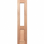 Wooden door with a single rectangular glass panel on a white background
