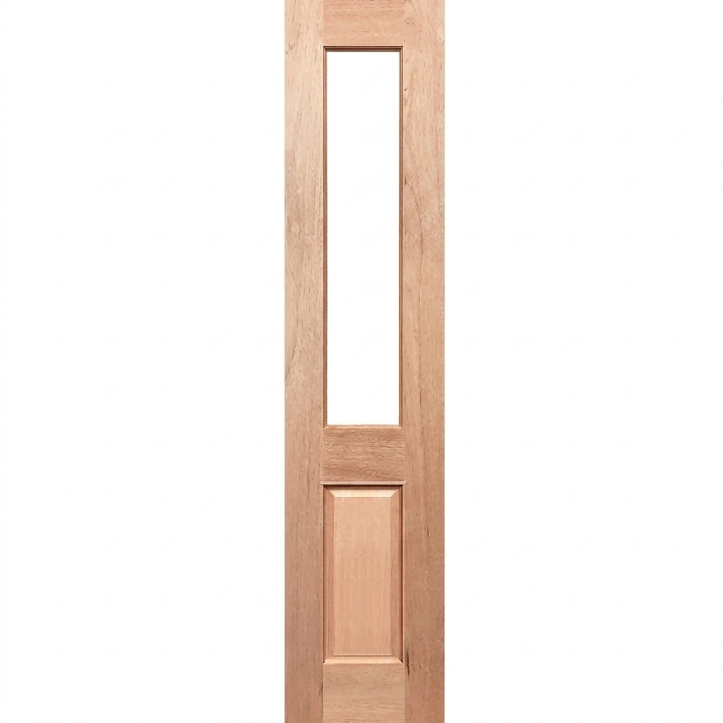 Wooden door with a single rectangular glass panel on a white background