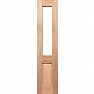Wooden door with a single rectangular glass panel on a white background